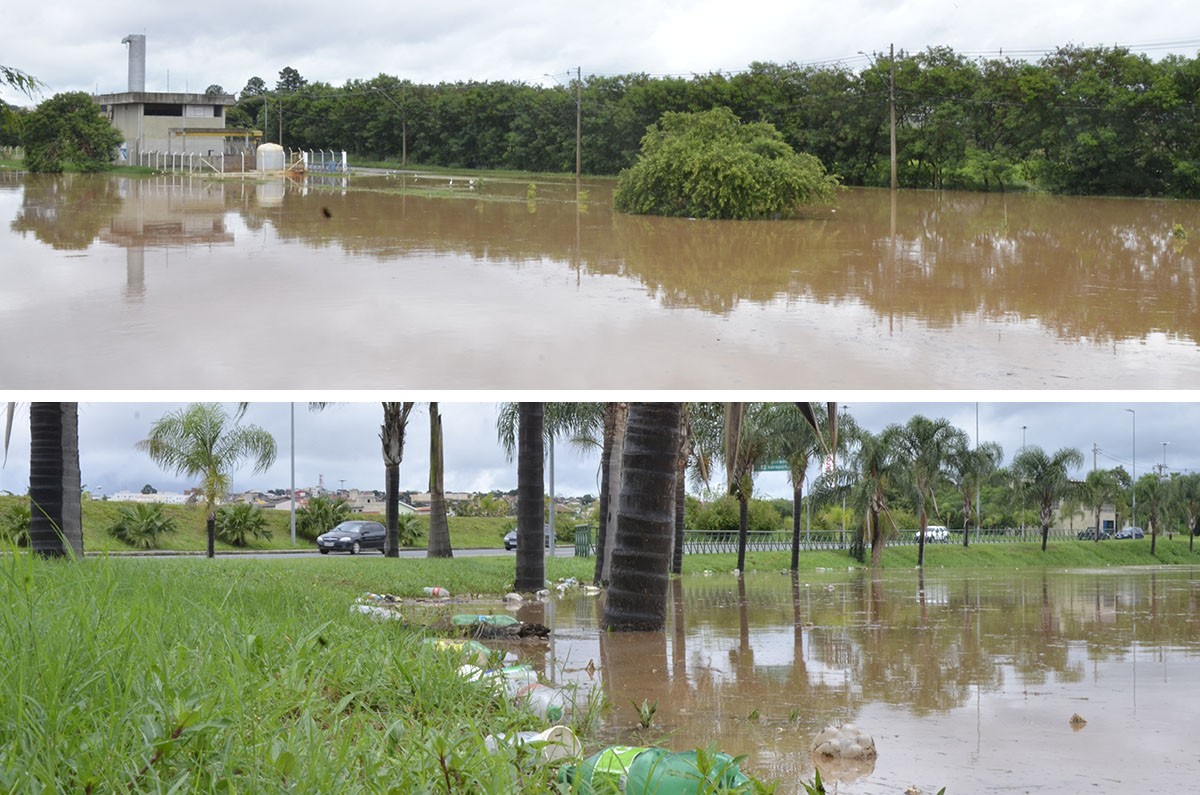 Rio Sorocaba transborda e garrafas plásticas, entre outros resíduos aparecem nas margens