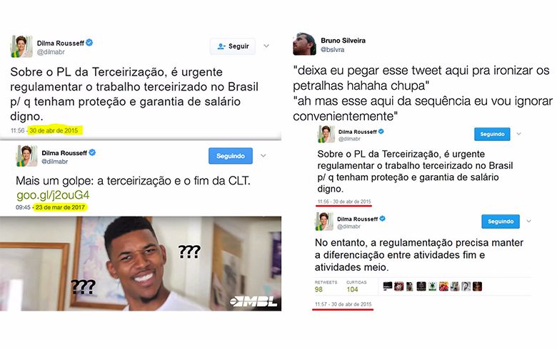 À esquerda, meme utilizado pelo MBL para desmobilizar oposição. Outra pública desmascara mentira