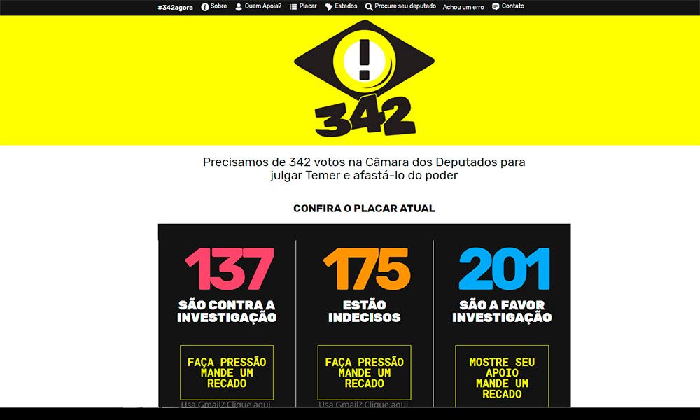 Movimento #342, formado por artistas, lançou site que ajuda a pressionar os deputados para votaram a favor da investigação de Temer (PMDB)