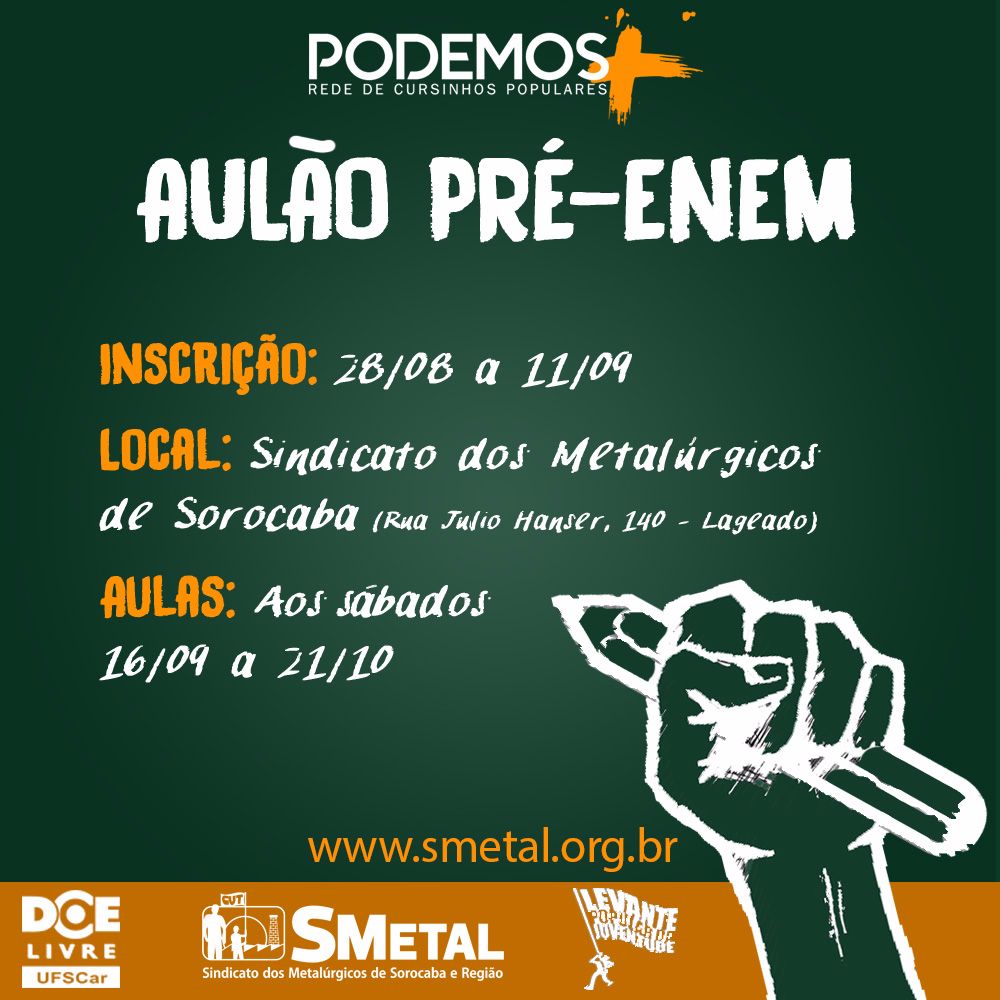 As inscrições devem ser feitas na sede do SMetal, de 28 de agosto a 11 de setembro 