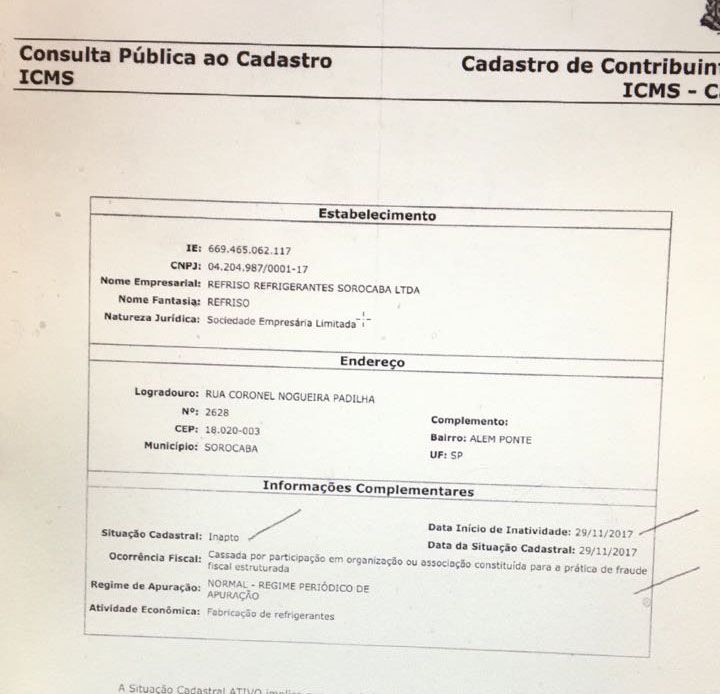 Cadastro de ICMS consta que a situação da empresa está inativa 