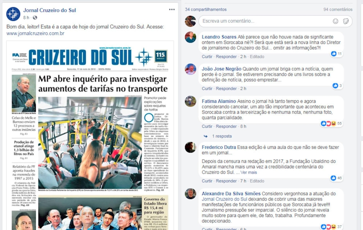 Quatro mil servidores públicos municipais de Sorocaba saíram em passeata pela cidade e o Cruzeiro não publicou uma linha, nem uma foto. Isso gerou repúdio de leitores